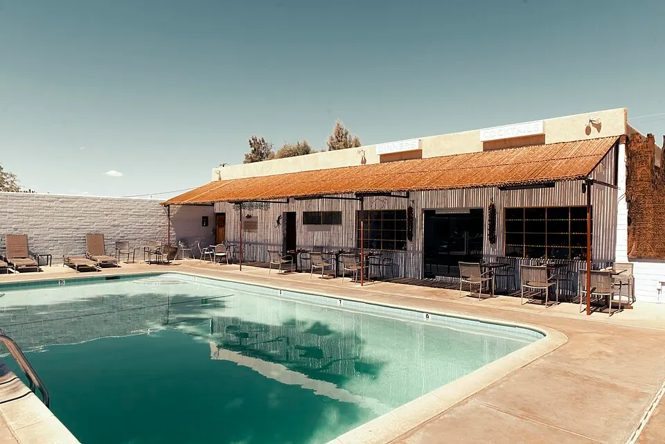 Pool and restaurant exterior at 29 Palms Inn in Twentynine Palms, photographed in 2014.