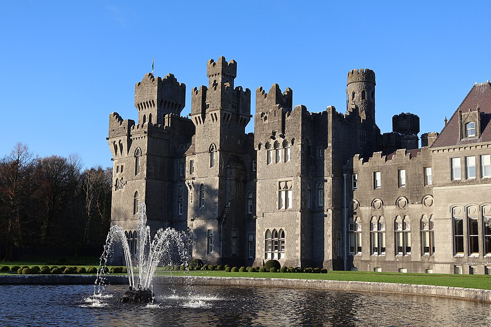 Ashford Castle and fountain in County Mayo, Ireland, photographed in 2025.
