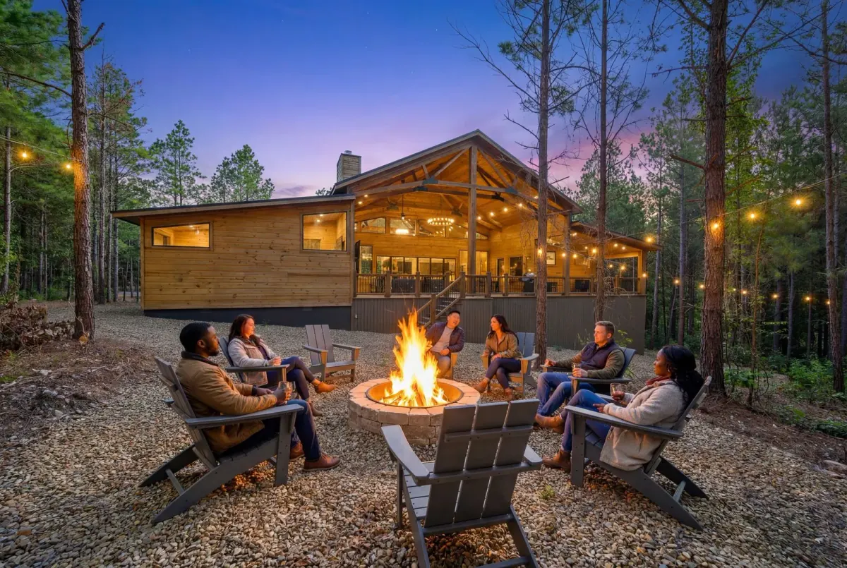The Avalon, an example cabin listed by Beavers Bend Cabin Country, with a covered deck and fire pit among pine trees