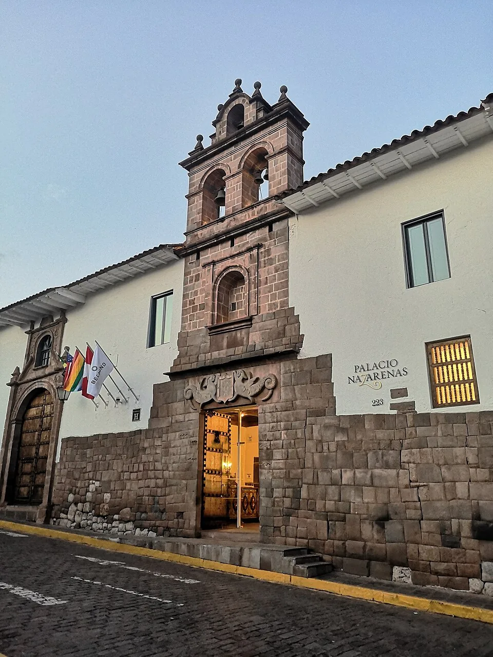 Historic sculpted entrance of Palacio Nazarenas in Cusco, photographed in 2019.