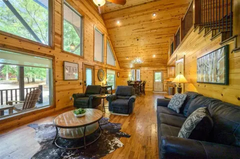 Living room in 5-S Cabin, an example Blue Beaver Luxury Cabins rental, with vaulted wood ceilings and large windows