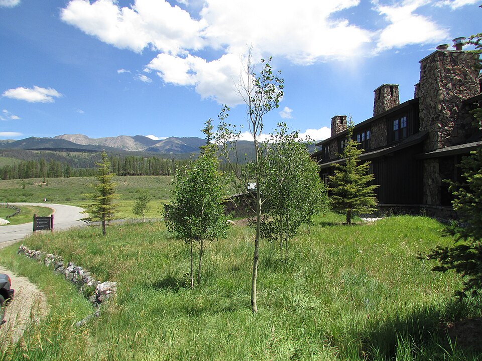 Lodge building and mountain setting at Devil's Thumb Ranch Resort & Spa in Colorado, photographed in 2016.