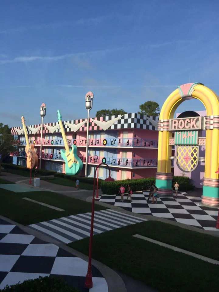 Guest buildings and guitar-themed exterior at Disney's All-Star Music Resort, photographed in 2016.