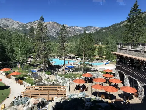 Pool grounds and guest buildings at Everline, formerly Squaw Creek Resort, photographed in 2020.