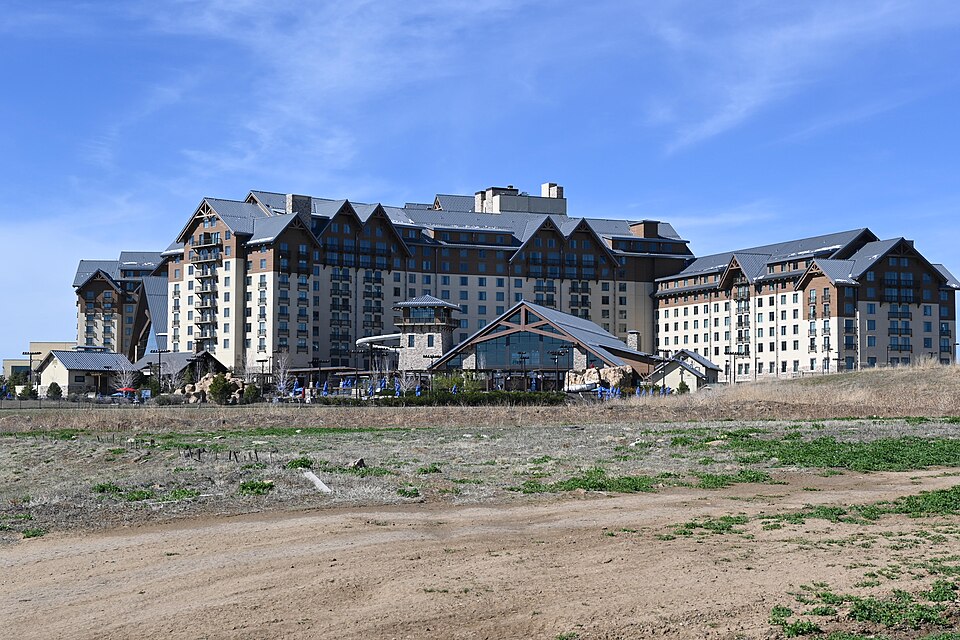 South exterior of Gaylord Rockies Resort & Convention Center in Aurora, Colorado, photographed in 2024.