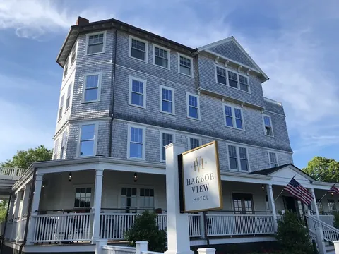 Signed exterior of Harbor View Hotel in Edgartown, photographed in 2020.