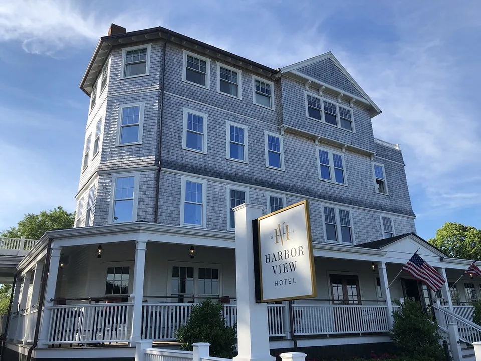 Signed exterior of Harbor View Hotel in Edgartown, photographed in 2020.