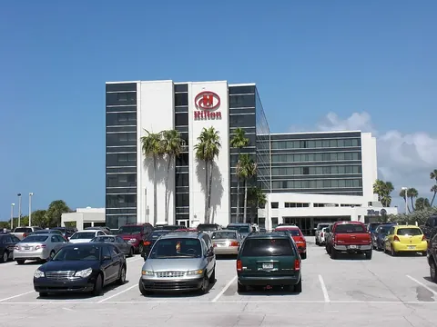 Signed exterior of Hilton Cocoa Beach Oceanfront, photographed in 2010.
