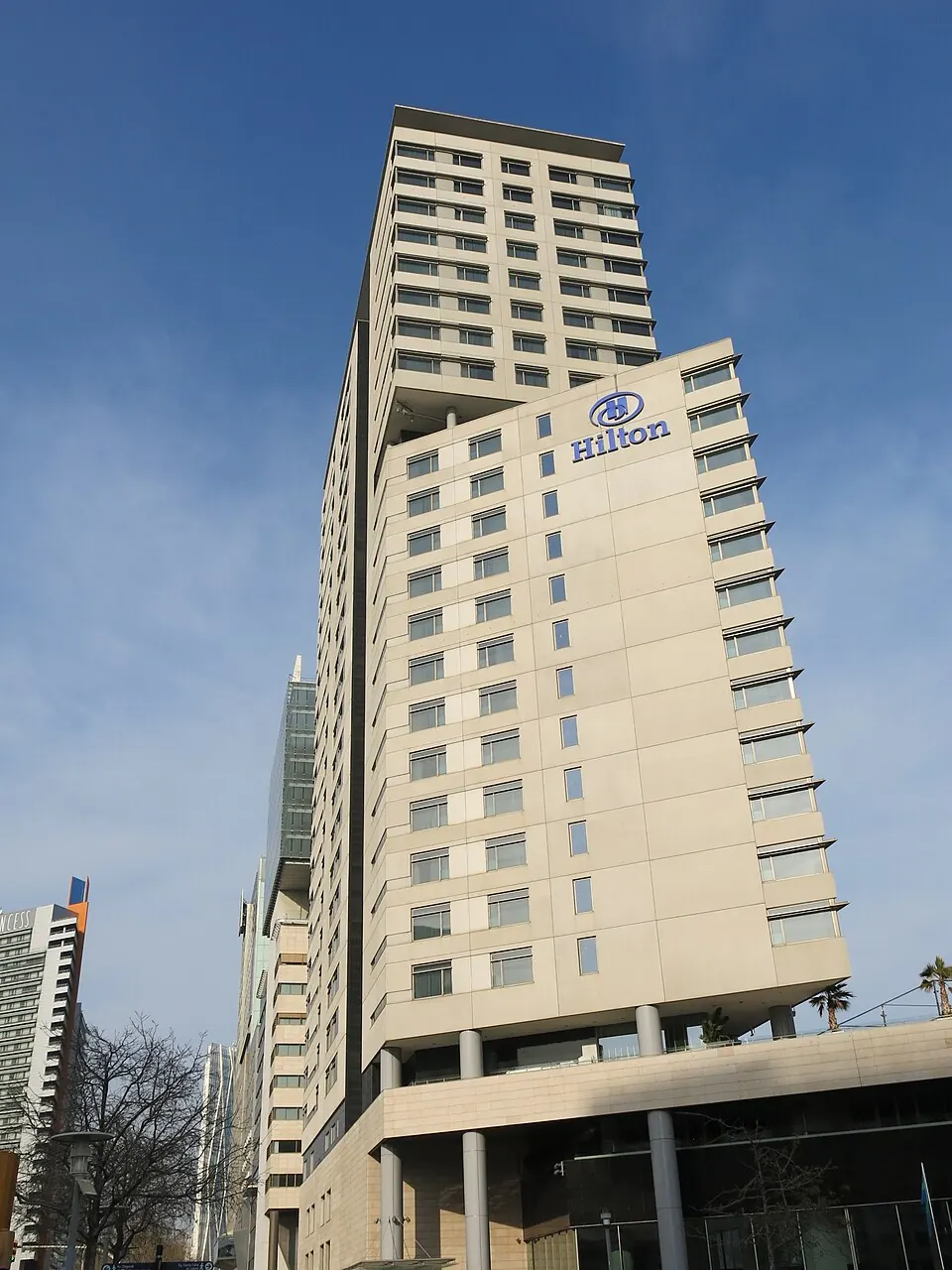 Signed tower of Hilton Diagonal Mar Barcelona, photographed in 2017.