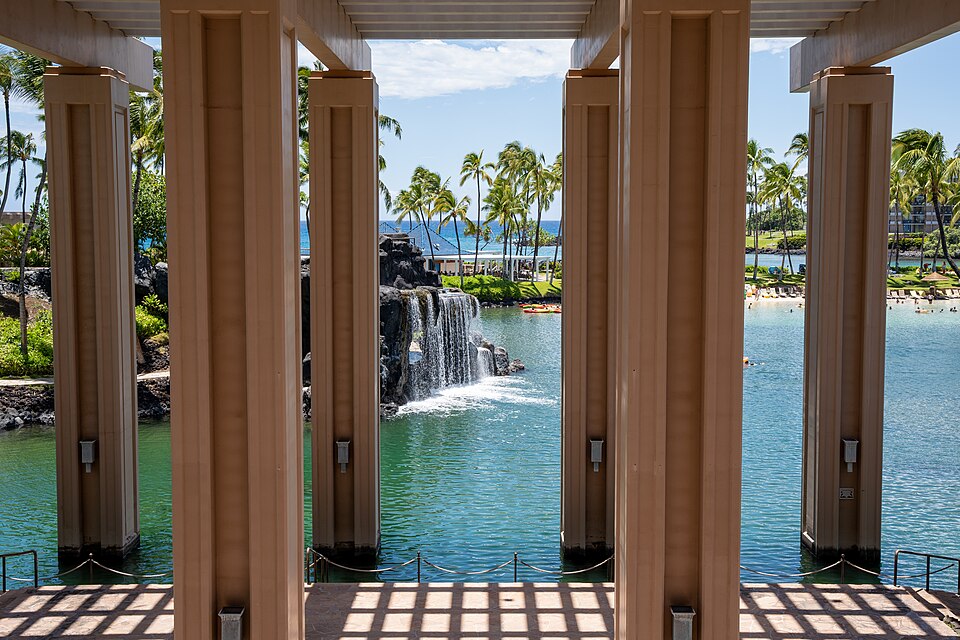 Lagoon and waterfall on the grounds of Hilton Waikoloa Village on Hawaiʻi Island, photographed in 2023.