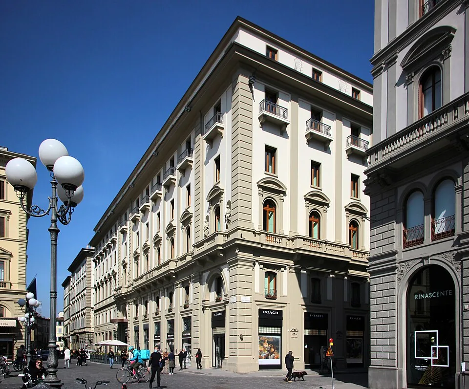 Hotel Savoy building at Piazza della Repubblica 7 in Florence, photographed in 2021.