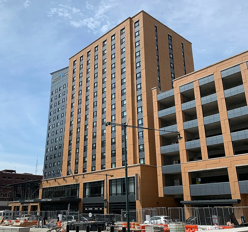 Shared downtown building of Hyatt Place and Hyatt House Indianapolis, photographed in 2022.