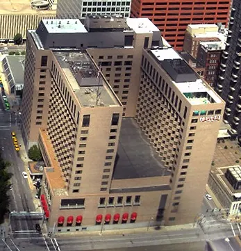 Hyatt Regency St. Louis at the Arch viewed from above, photographed in 2010.