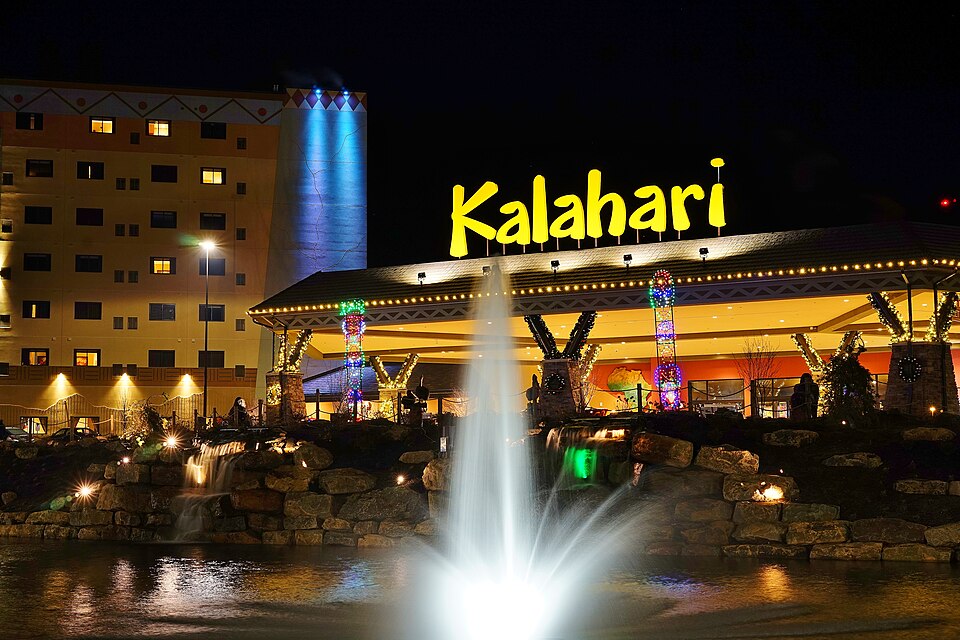 Kalahari Resorts Poconos exterior and illuminated entrance sign, photographed in 2015.