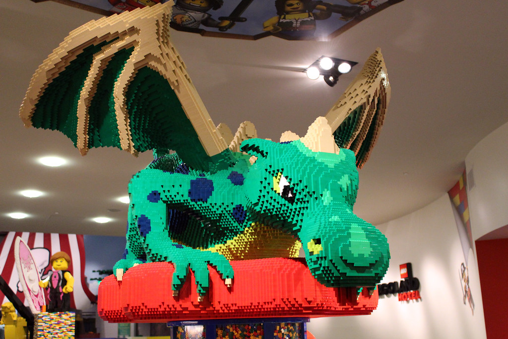 LEGO dragon sculpture inside the LEGOLAND Hotel in Carlsbad, California, photographed in 2013.