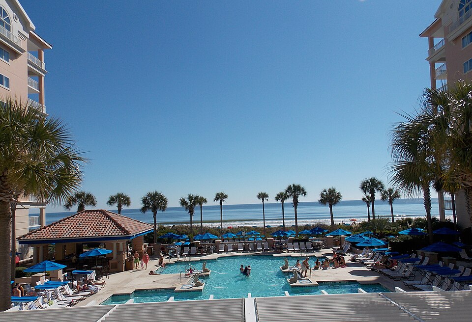 Pool between the villa buildings at Marriott's OceanWatch Villas at Grande Dunes in Myrtle Beach, photographed in 2015.