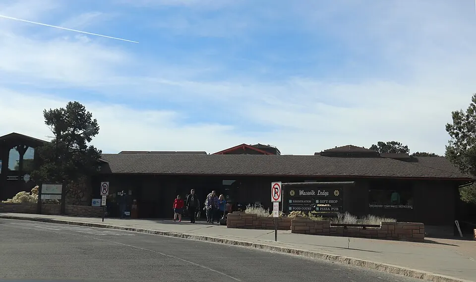 Signed entrance building at Maswik Lodge in Grand Canyon Village, photographed in 2018.