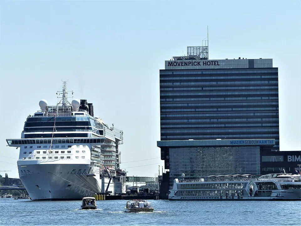Signed waterfront tower of Mövenpick Hotel Amsterdam City Centre, photographed in 2018.