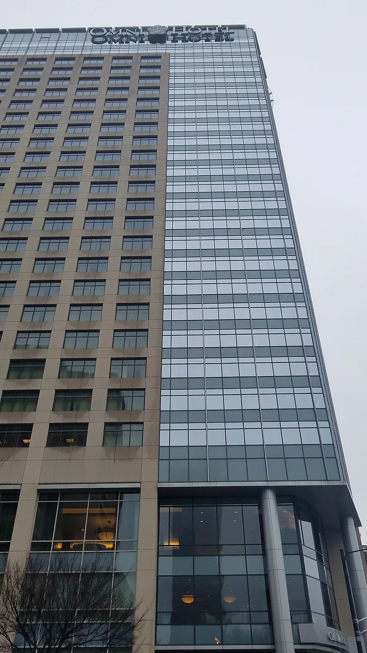 Signed Omni Atlanta hotel tower, then named Omni Atlanta Hotel at CNN Center, photographed in 2019.