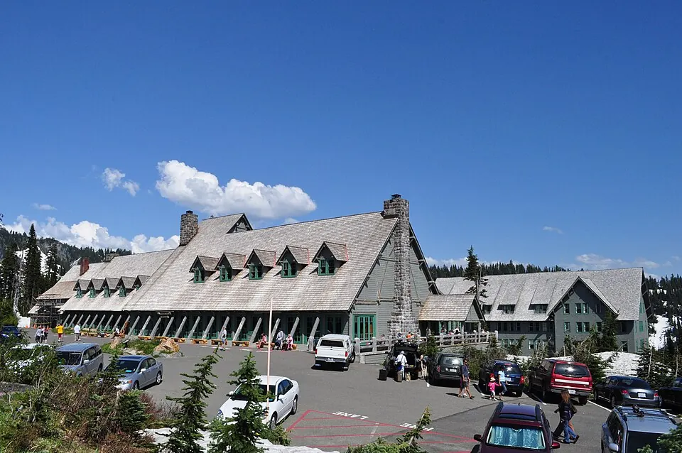 Historic exterior of Paradise Inn at Mount Rainier, photographed in 2012.