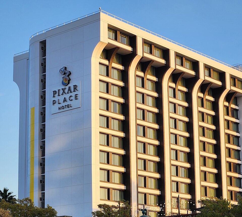 Signed exterior of Pixar Place Hotel at Disneyland Resort in Anaheim, photographed in 2024.