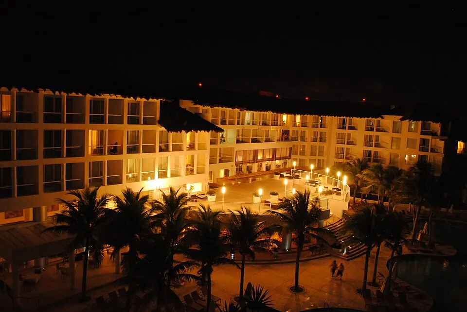 Illuminated guest buildings at Playacar Palace in Playa del Carmen, photographed in 2011.
