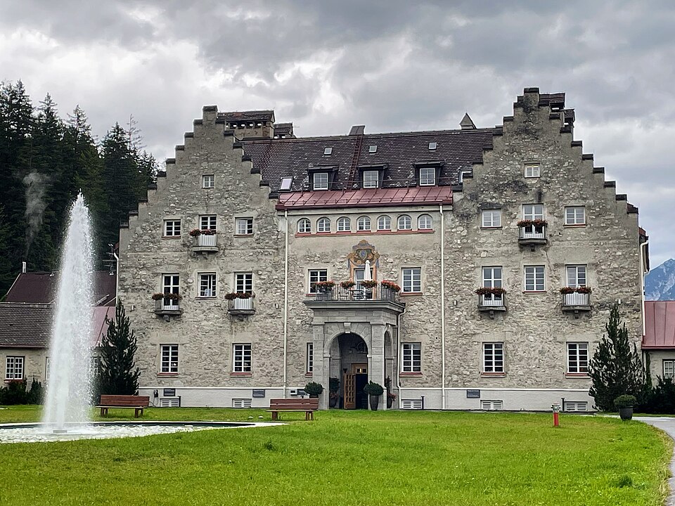 Front entrance of Schloss Elmau hotel in Bavaria, photographed in 2023.