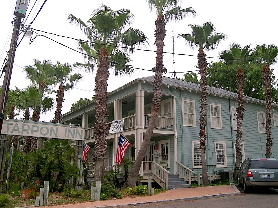 Signed veranda and exterior of the Tarpon Inn in Port Aransas, photographed in 2007.