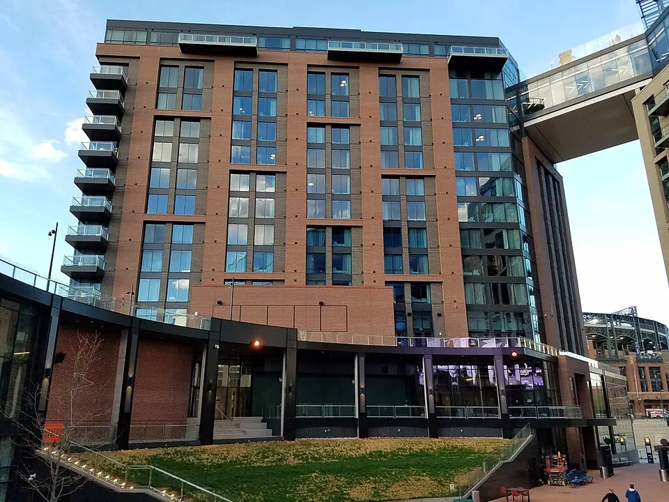 The Rally Hotel viewed from McGregor Square in Denver, photographed in 2021.