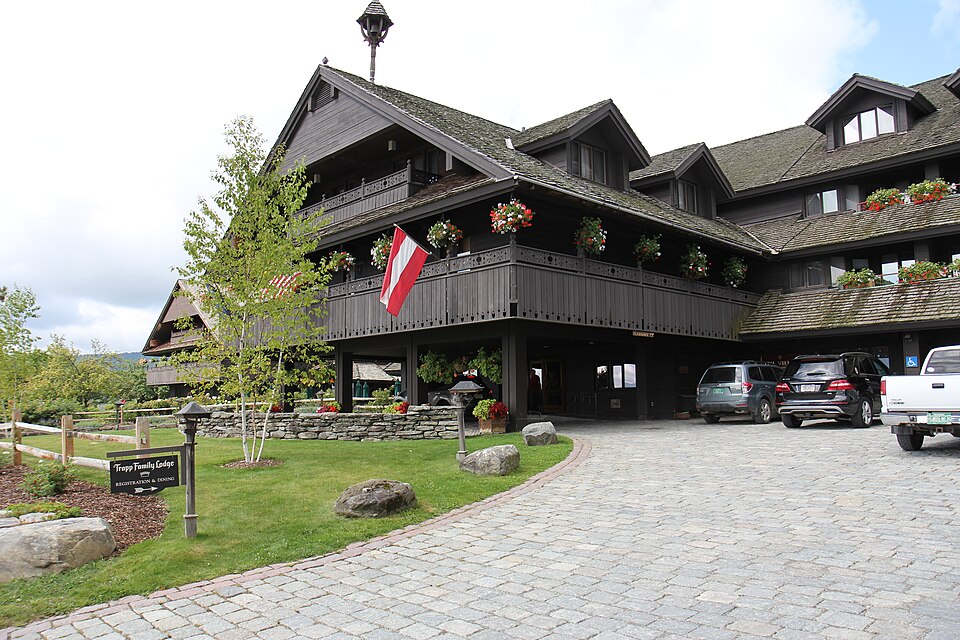 Entrance and front exterior of Trapp Family Lodge in Stowe, Vermont, photographed in 2014.